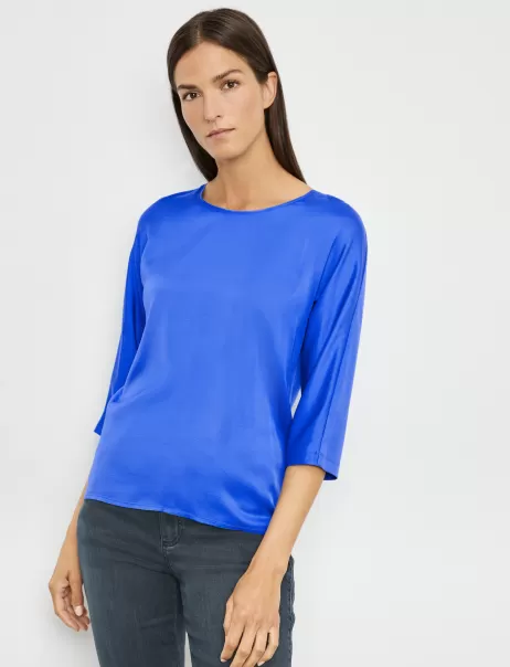 Blusenshirts Damen Samoon Taifun Gerry Weber Bright Blue Leicht Glänzendes 3/4 Arm Shirt Mit Material-Patch