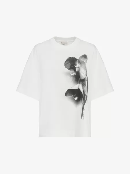 Oversized-T-Shirt Mit Photographic Orchid Weiss Damen T-Shirts Und Sweatshirts Alexander Mcqueen